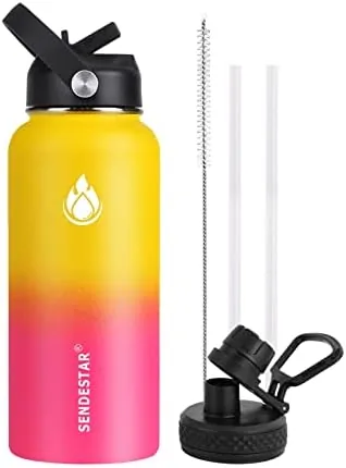 sendestar stainless steel water bottle wide mouth 32 oz water bottle with straw lid spout lid double wall vacuum insulated leak proof keeps liquids hot or cold yellowpink
